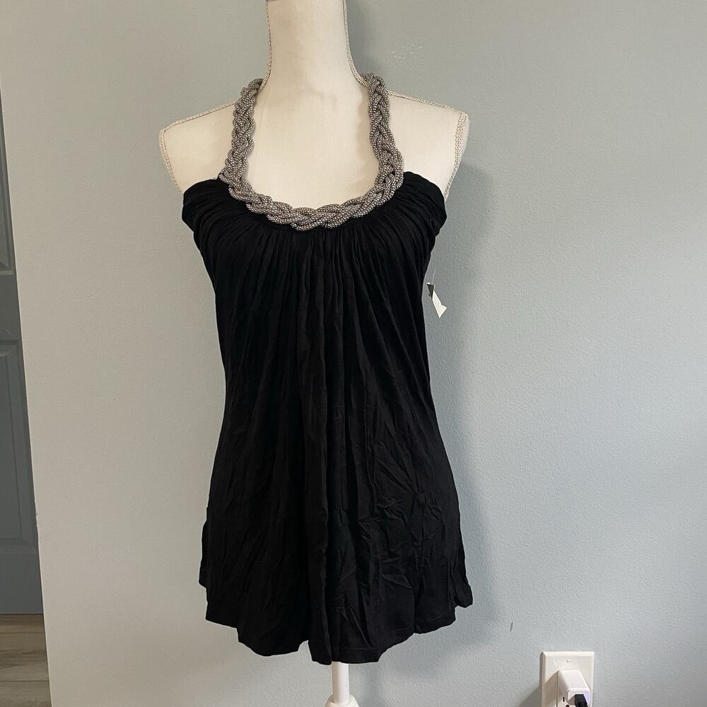 Vtg Y2k 90s Vintage Tea/F Black Rhinestone Braided Chain Silver Tank Bebe L Glam